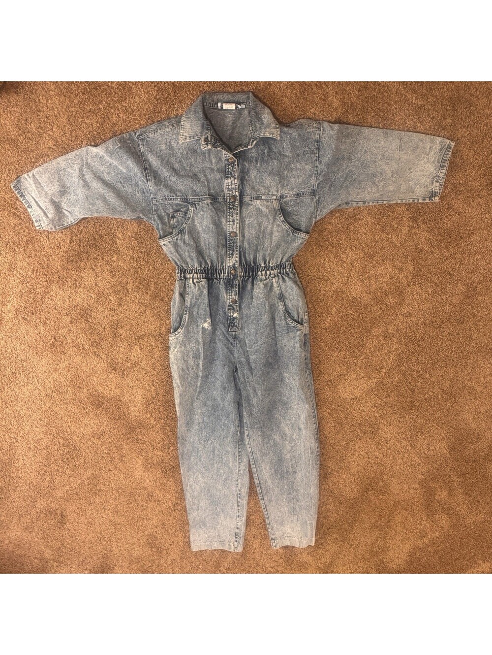 Vtg 80s IDEAS Blue Denim Jumpsuit Size M Romper Coveralls Jean Cinched Waist